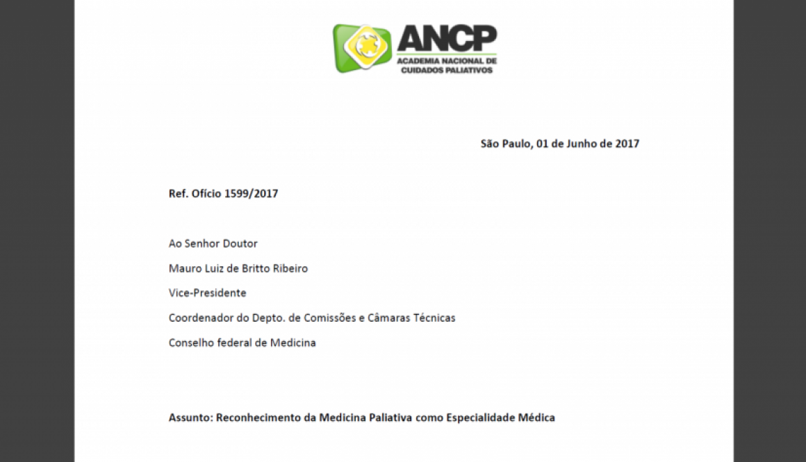 ANCP enviou ao Conselho Federal de Medicina (CFM,) carta que trata do reconhecimento da Medicina Paliativa como Especialidade Médica