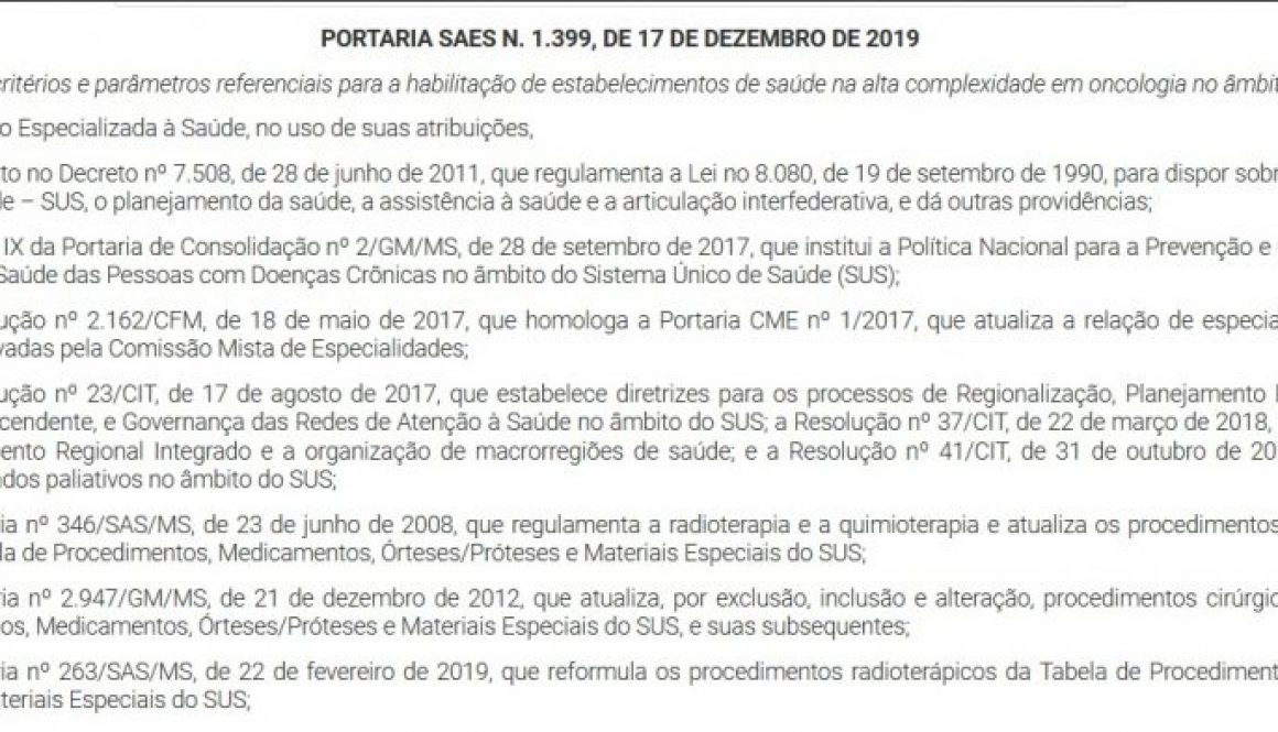 Publicada Portaria SAES n. 1399 que redefine os critérios e parâmetros para a habilitação de UNACON e CACON